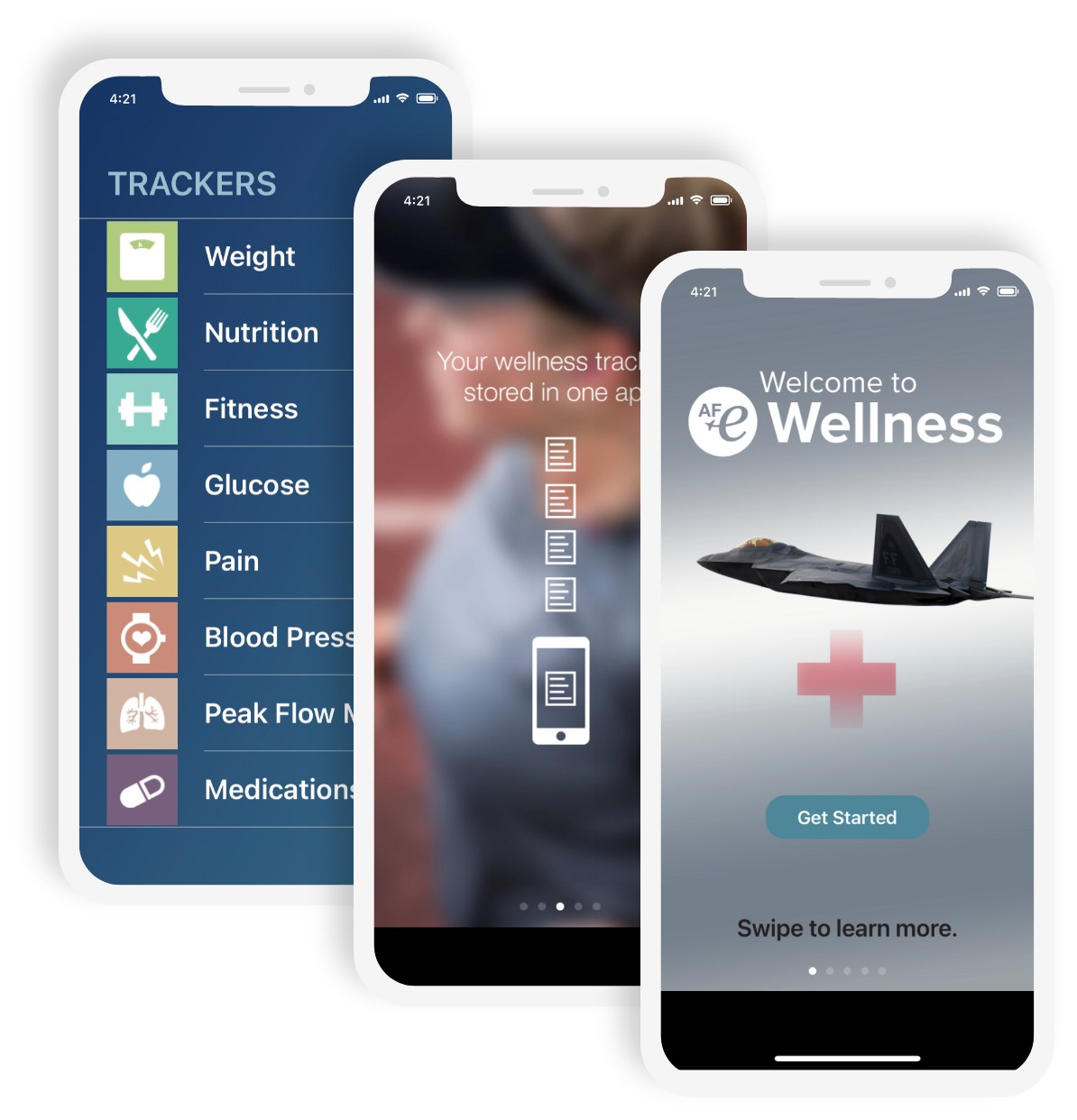 eWellness application. A view of the introduction, trackers and detailed tracker section's of the application.