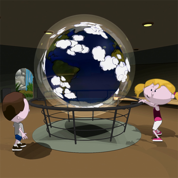 Tile Image for the Wildlife Experience. Two kids standing around a large globe of the world. 